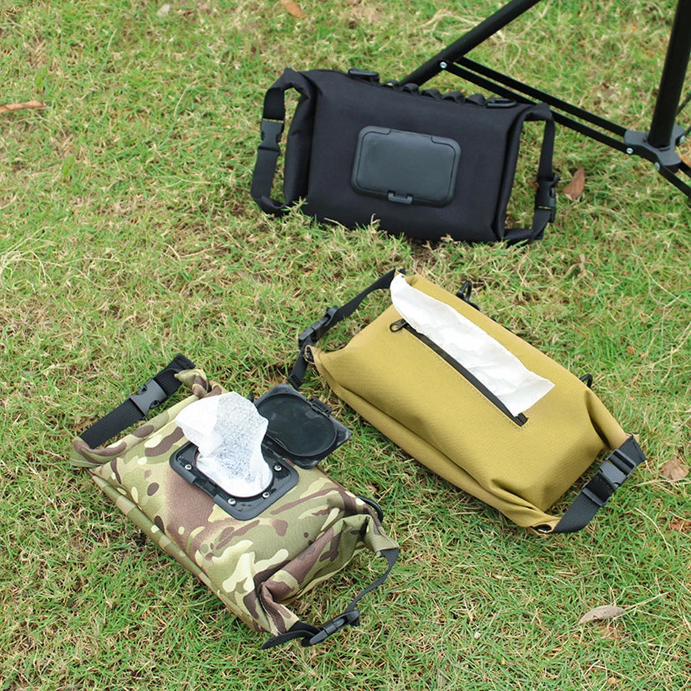 Caja de pañuelos húmedos para exteriores, dispensador de toallitas húmedas de papel de lona, almacenamiento colgante para accesorios de Camping al aire libre