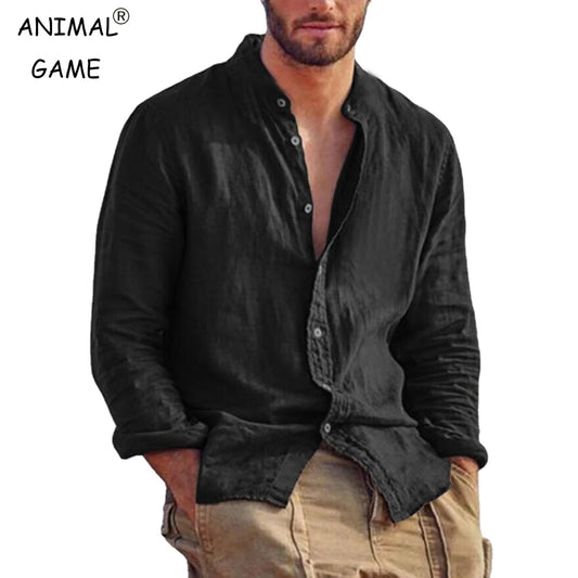Ropa de chÃ¡ndal para hombre, camisa de manga larga, camisas de lino de Color sÃ³lido, Tops informales ligeros y transpirables con cuello levantado, camisa hawaiana