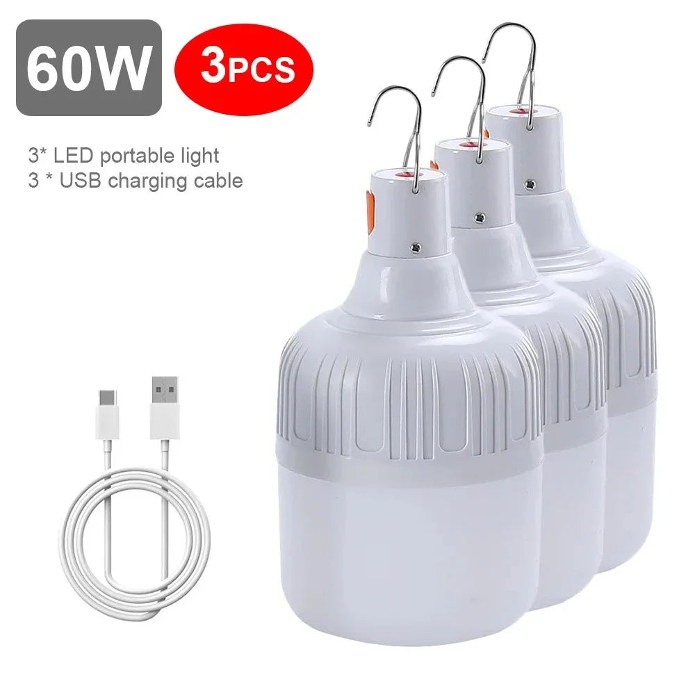 Luz de Camping de 60W y 80W, lámpara LED de emergencia recargable por USB, linternas portátiles para exteriores con gancho para tiendas de barbacoa, bombilla de batería