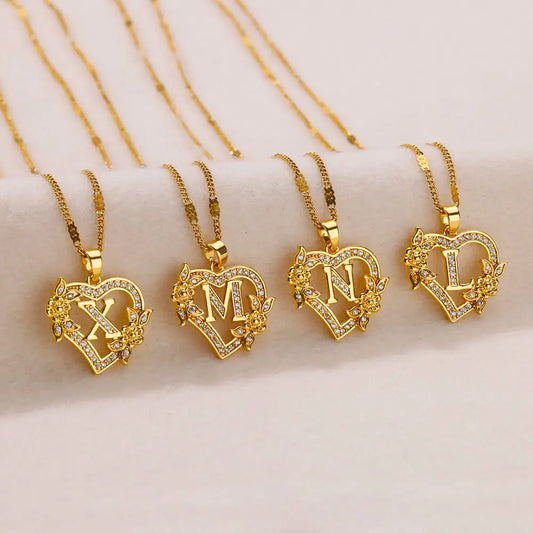Collares con iniciales de corazÃ³n y flor de circÃ³n para mujer, Collar de cadena con letras de Color dorado para amantes del corazÃ³n de acero inoxidable, joyerÃ­a