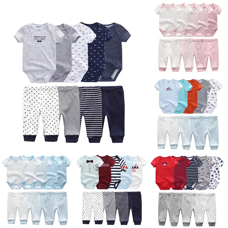 9 unids/lote monos Unisex para recién nacidos + pantalones conjuntos de ropa de algodón de dibujos animados ropa para bebé (niño o niña)