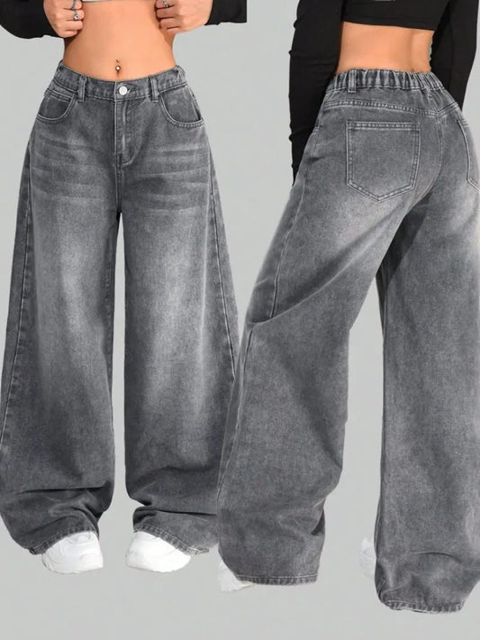 Nueva moda americana, pantalones vaqueros holgados lavados de Color sÃ³lido, ropa de calle Y2K, moda Vintage Joker, pantalones de pierna ancha de cintura alta para hombres y mujeres