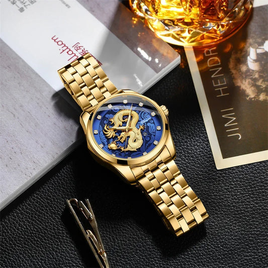 Chenxi 8220 3D Golden Dragon Totem Calendario en relieve Reloj de pulsera de estilo chino resistente al agua para hombres Banda de acero Negocios