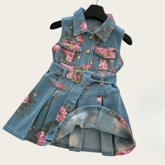 Vestido vaquero sin mangas con estampado Floral para niñas de 2 a 8 años, traje de verano a la moda con diseño elegante y cinturón