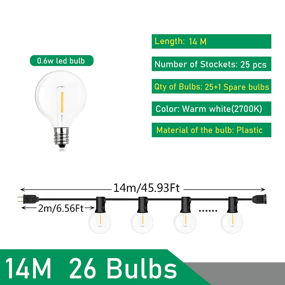 Guirnalda de luces LED para exteriores de 110V/220V, guirnalda de hadas para Patio, lÃƒÂ¡mpara para boda, calle, Camping, jardÃƒÂ­n, decoraciÃƒÂ³n de fiesta