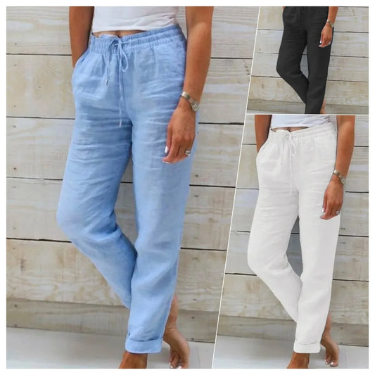 Pantalones de verano de lino y algodÃ³n para mujer, pantalones informales elÃ¡sticos de cintura alta, ropa de calle lisa para mujer, pantalones pitillo holgados 2024