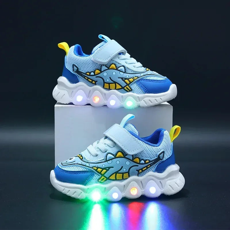 Zapatillas de deporte informales con dibujos animados para niños y niñas, zapatos de iluminación transpirables con malla LED, zapatos iluminados para bebés