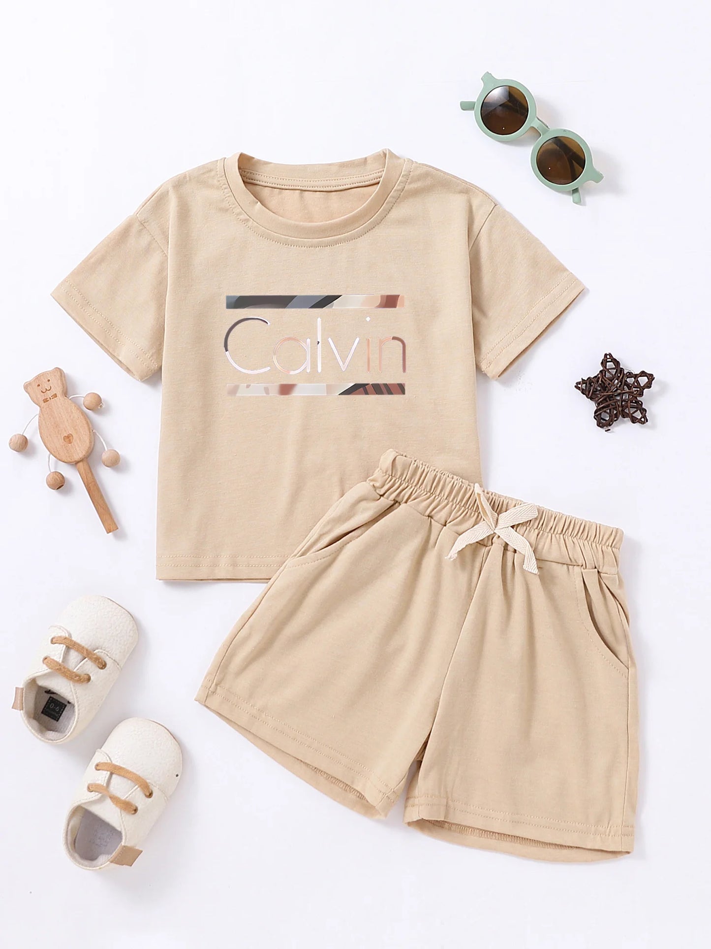 Trajes con estampado de letras Calvin para niños, camisetas de algodón + Pantalones cortos, conjuntos de ropa de 2 uds., trajes de moda para niños y niñas de 1 a 7 años