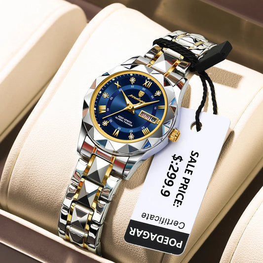 POEDAGAR, reloj de lujo para mujer, luminoso, resistente al agua, con fecha semanal, reloj de pulsera para mujer, relojes de cuarzo de acero inoxidable para mujer, reloj + caja