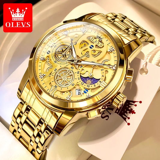 OLEVS-reloj de cuarzo para hombre, cronÃƒÂ³grafo de marca superior de lujo, Original, resistente al agua, estilo esqueleto dorado, 24 horas, dÃƒÂ­a y noche, nuevo