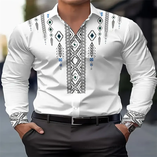 Camisa casual estampada de estilo étnico para hombre, camisa transpirable de manga larga con botones y patrón geométrico, lavable a máquina, primavera y otoño