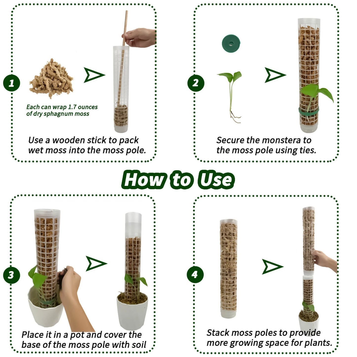 Jaulas de plástico para plantas, soportes para poste de musgo, riego automático, estructura de malla de poste de humedad continua para plantas trepadoras de jardín