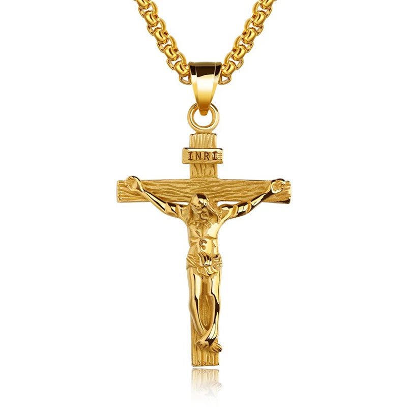 Collar religioso de acero inoxidable con cruz de JesÃºs para hombres, colgante de cruz de Color dorado y plateado con cadena, regalo de joyerÃ­a
