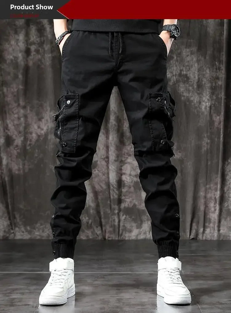 Pantalones Cargo de moda para hombre, pantalones ajustados de estilo informal, holgados, estilo americano, pantalones de pie pequeños con múltiples bolsillos, color negro, primavera y otoño