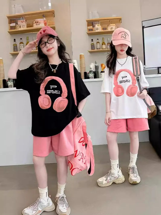 Camiseta de verano para niñas, traje de manga corta, versión coreana del nuevo pantalón corto informal deportivo de verano para niños, pantalones cortos de dos piezas