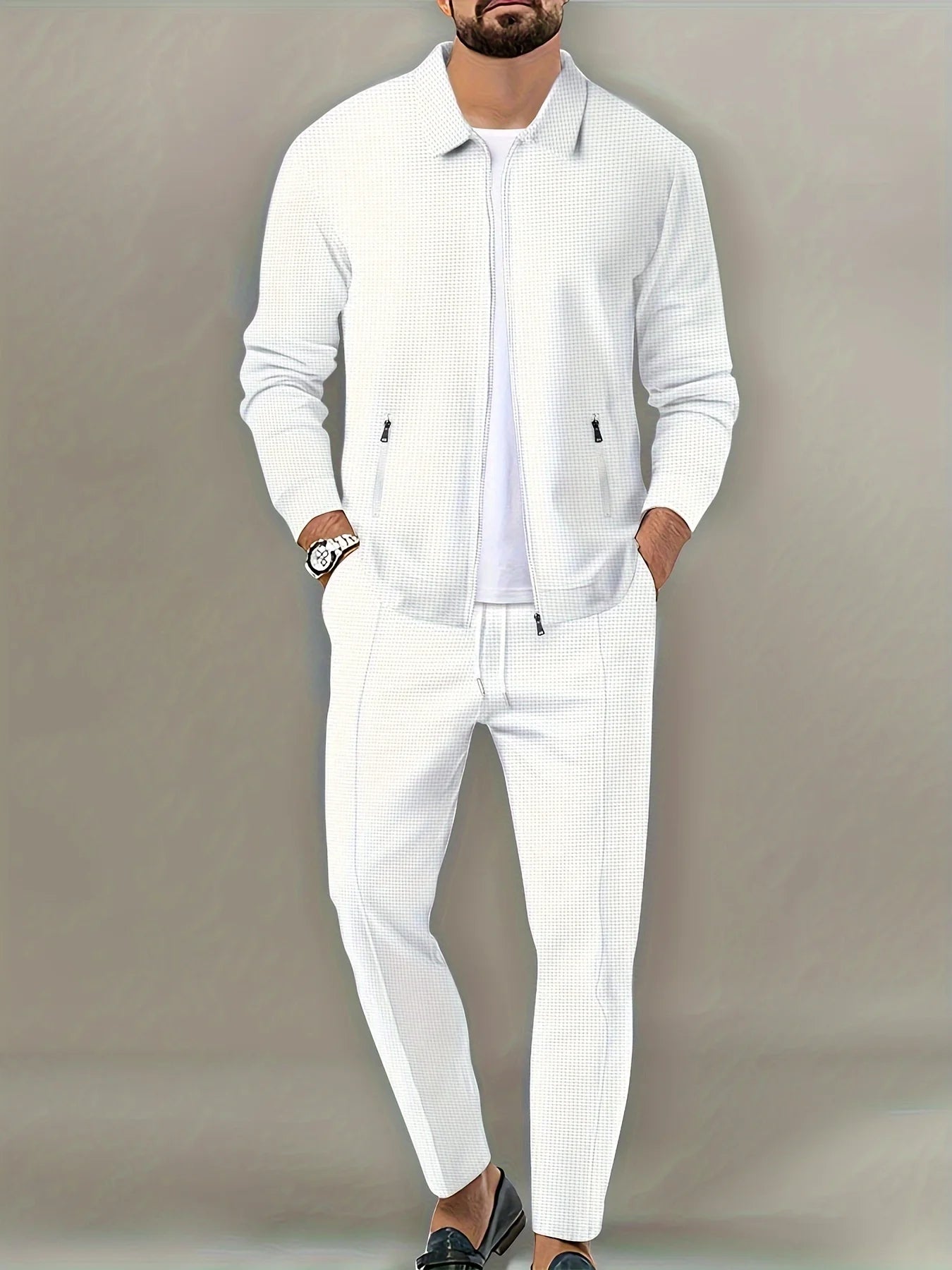 Chaqueta ajustada con bolsillo de cremallera para hombre, ropa deportiva de manga larga, conjunto de chaqueta de cárdigan, pantalones largos, elegante, conjunto de dos piezas