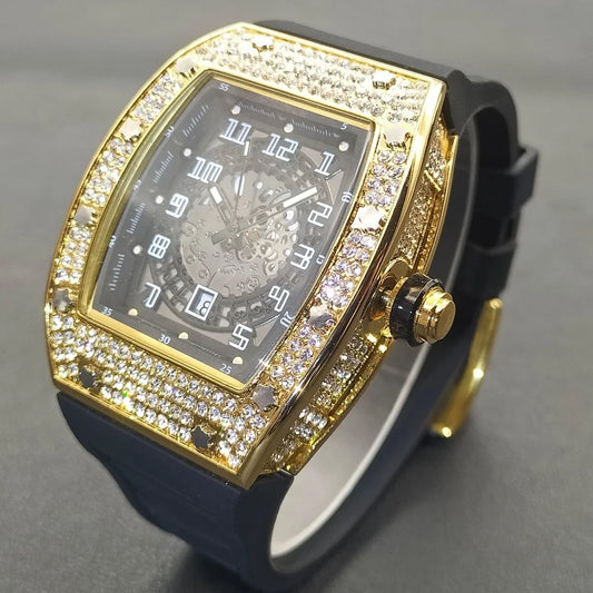 MISSFOX, nuevos relojes de pulsera para hombre, correa de goma Tonneau, reloj de cuarzo resistente al agua para hombre, relojes huecos de oro clÃƒÂ¡sicos ÃƒÂºnicos para hombre, regalos
