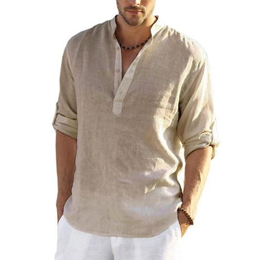 Nueva blusa informal para hombre, camisa de lino y algodÃ³n, camisetas holgadas, camiseta de manga larga, camisas informales para hombre guapo para primavera y otoÃ±o
