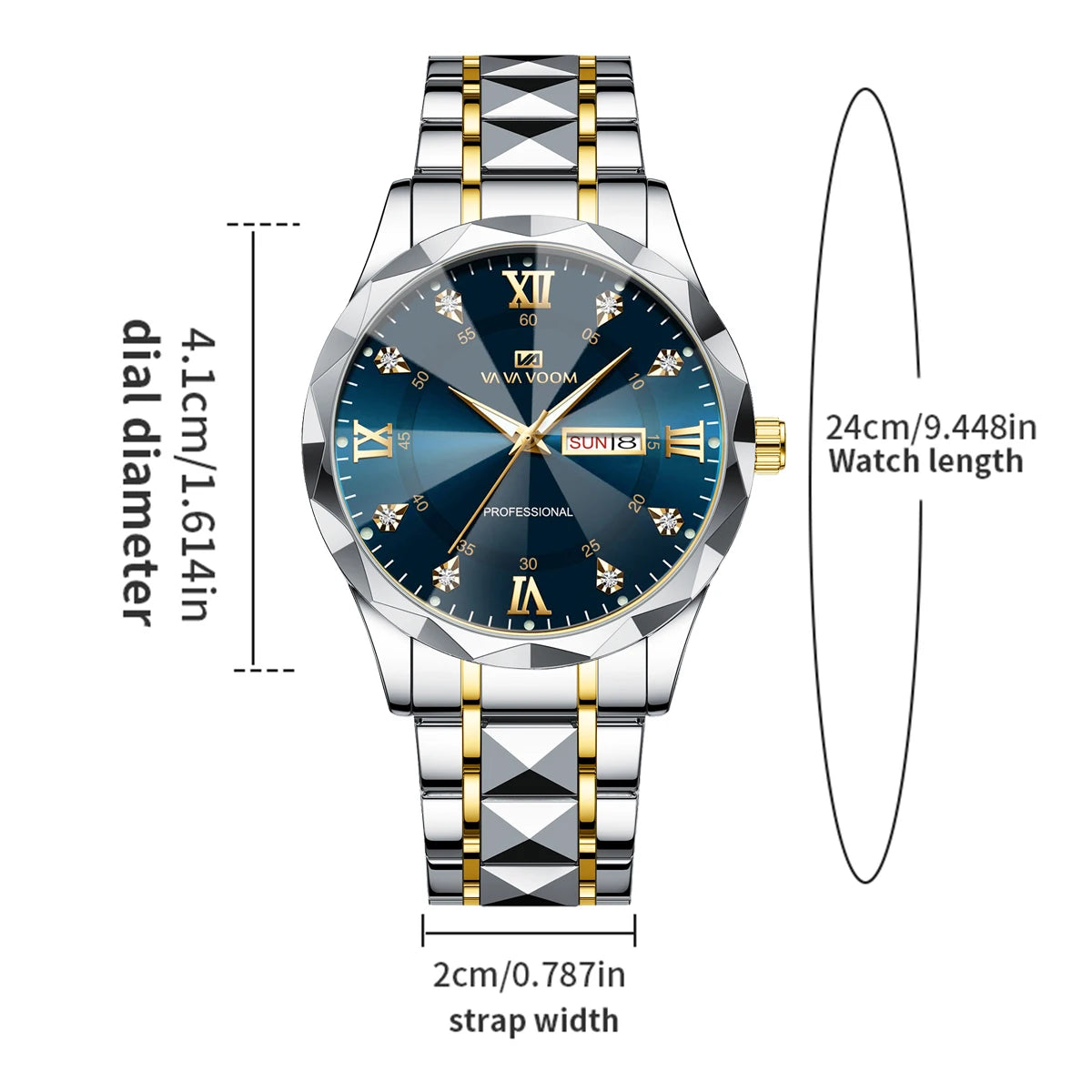 Reloj para hombre con diamantes de agua, lujo, brillo nocturno, doble calendario, movimiento de cuarzo, 41mm, oro azul, acero inoxidable, reloj de negocios de moda