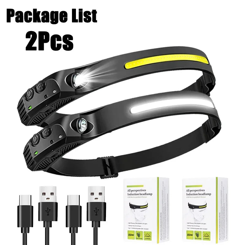 Nueva linterna frontal con Sensor LED recargable por USB, linterna XPE + COB para acampar, linterna impermeable para pesca, paquete de 3/2/1