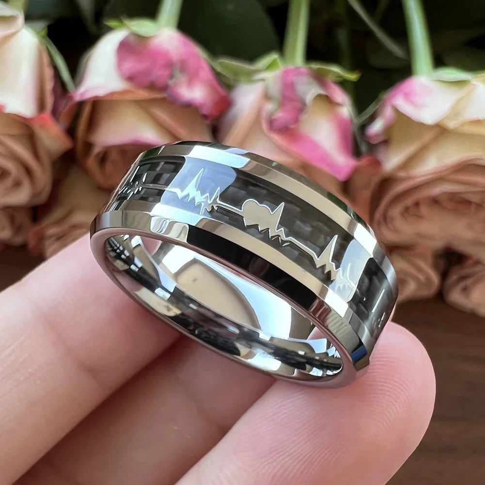 Anillos de compromiso de carburo de tungsteno con incrustaciones de corazÃƒÂ³n de fibra de carbono negra de 8mm a la moda, alianzas de boda con cÃƒÂºpula, pulido, brillante, ajuste cÃƒÂ³modo