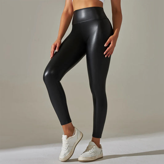 Nuevas mallas de mujer de gran tamaÃƒÂ±o a la moda, pantalones de cuero PU ajustados y sexis de cintura alta, pantalones de Yoga coloridos para mujer