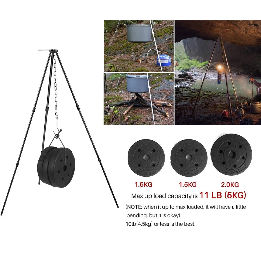 Trípode para fogata para acampar, olla colgante ajustable, cocina estable para fogata, esencial para Picnic, compacto y ligero, fácil de llevar