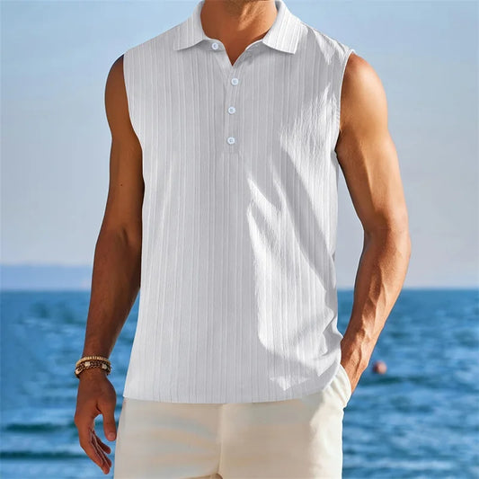 Camisetas sin mangas con cuello para hombre, camisas informales de color sÃƒÂ³lido con rayas texturizadas y detalle de medio botÃƒÂ³n para uso en verano