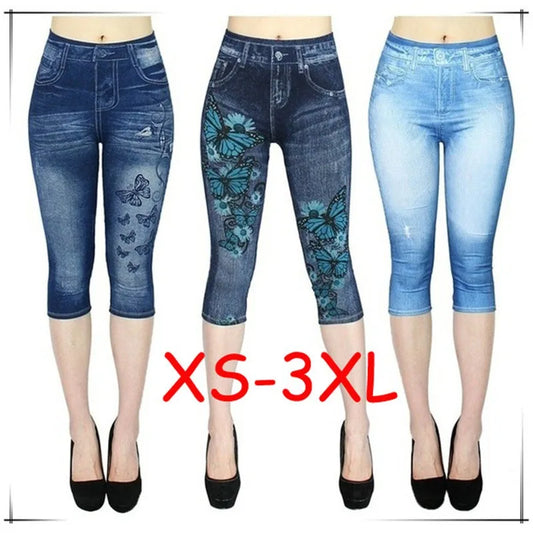 Mallas vaqueras de imitaciÃƒÂ³n con estampado para mujer, pantalones cortos elÃƒÂ¡sticos ajustados para correr al aire libre, caminar, mallas de cintura alta a la moda
