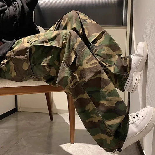 Pantalones Cargo de camuflaje Vintage a la moda, pantalones holgados de pierna recta para hombre, pantalones de pierna ancha estilo Hip Hop Ins de Hong Kong