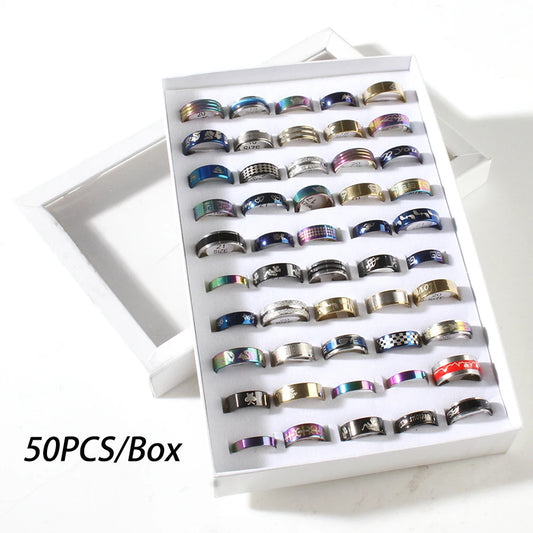 50 unids/lote anillos de acero inoxidable para hombre y mujer joyerÃƒÂ­a de moda anillos de estilo diferente regalo de fiesta anillos de boda estilo mixto
