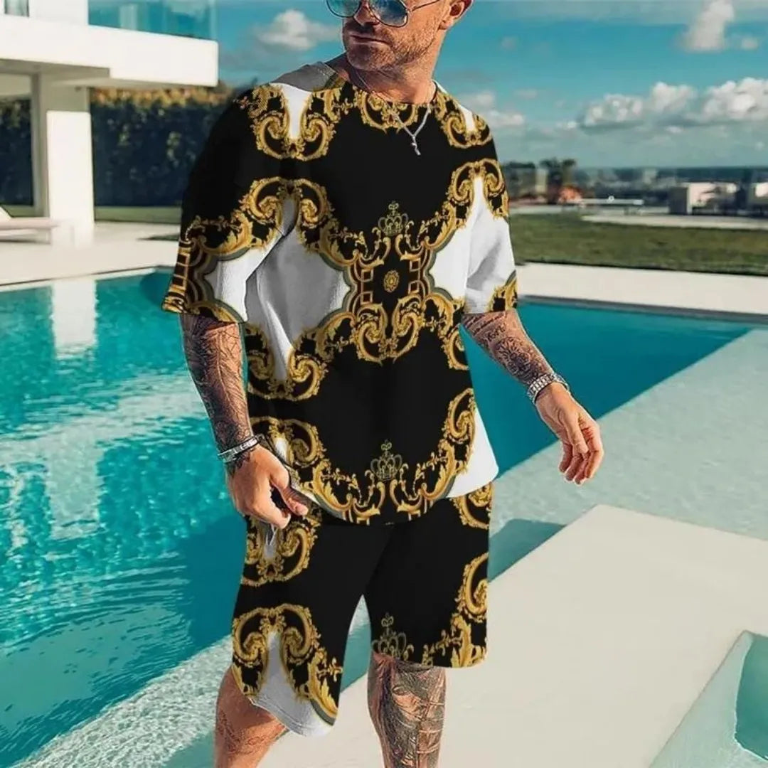 NOVEDAD DE VERANO 2021, ropa deportiva de lujo con diseño dorado para hombre, conjunto de camiseta de manga corta con estampado 3D, camiseta informal de moda para hombre, dos Pi