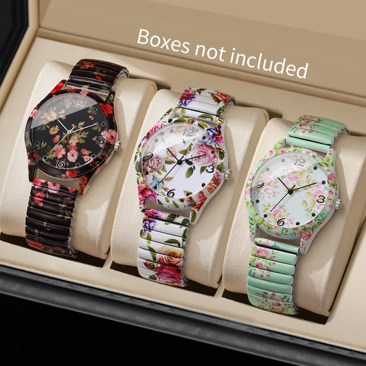 2/3 Uds. Conjunto de relojes de pulsera de cuarzo con estampado de flores a la moda para mujer, reloj con esfera árabe con correa elástica informal para mujer (sin caja)