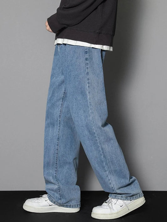Pantalones vaqueros largos informales para hombre, Vaqueros clÃ¡sicos de pierna ancha, Color sÃ³lido, azul claro, gris y negro, estilo coreano, novedad de 2025