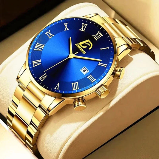 Relojes de acero inoxidable dorados a la moda para Hombre, Reloj de pulsera de cuarzo minimalista de lujo, Reloj con calendario informal de negocios para Hombre