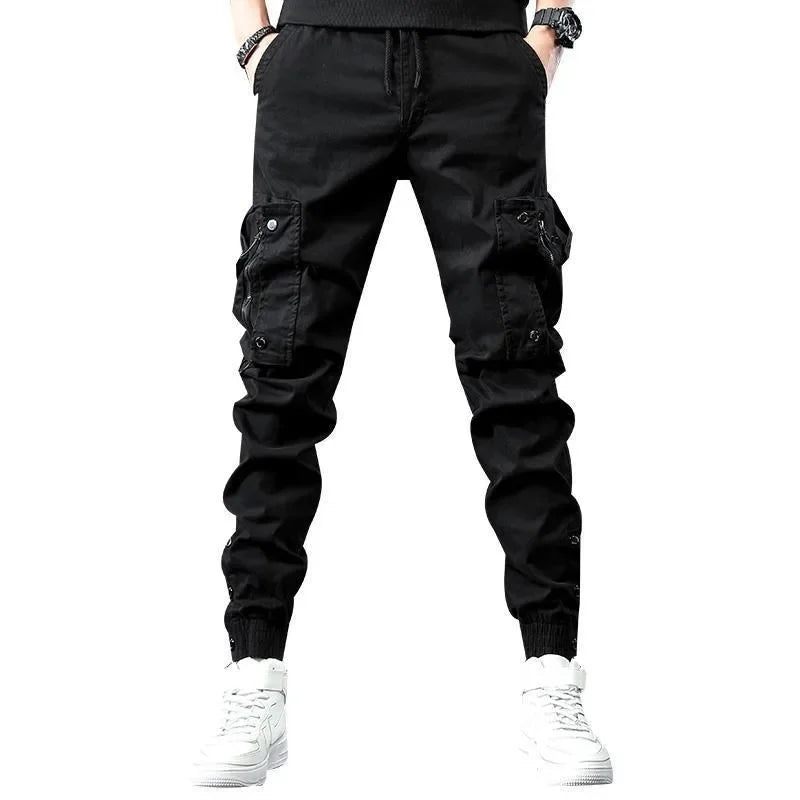 Pantalones Cargo de moda para hombre, pantalones ajustados de estilo informal, holgados, estilo americano, pantalones de pie pequeños con múltiples bolsillos, color negro, primavera y otoño