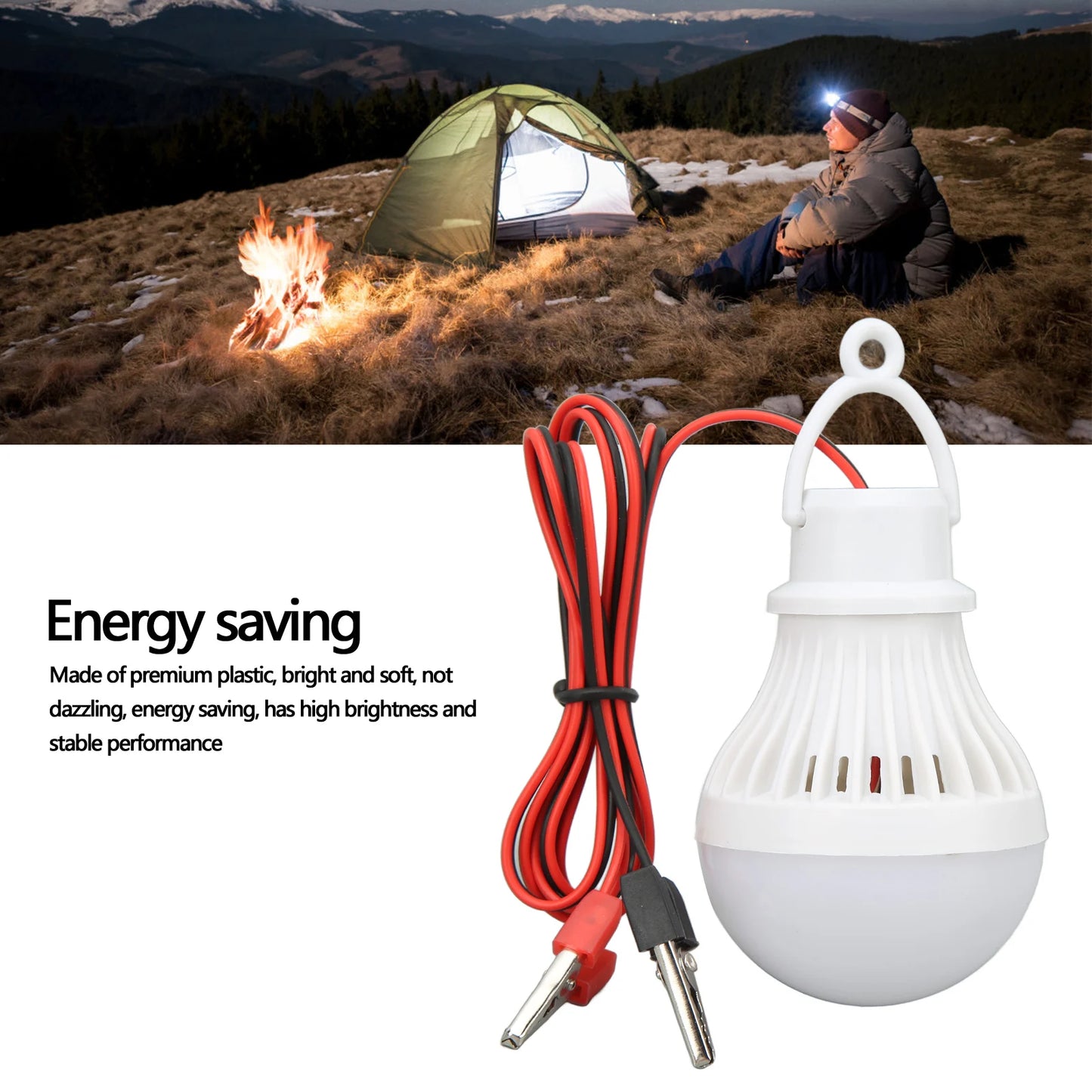 Linterna LED para tienda de campaña, bombilla de emergencia de plástico para exteriores con gancho para senderismo, pesca, bombilla colgante para tienda de campaña de 12V y 5W
