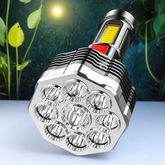 Portable 9-Core USB Rechargeable LED Flashlight Dual Light Source Camping Hiking Outdoor Multi-Use Light