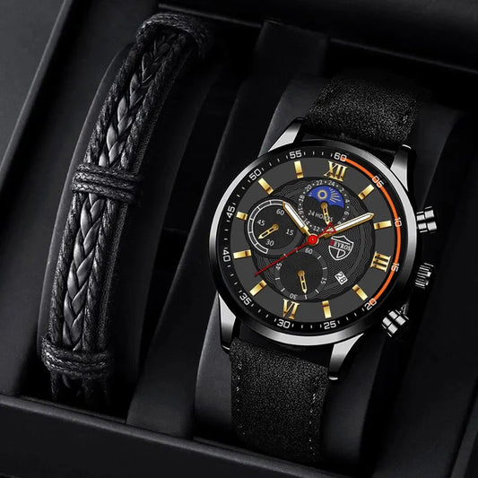 Conjunto de 2 piezas de relojes deportivos de moda para hombre, pulsera de cuero de negocios, reloj de cuarzo informal para hombre, reloj luminoso de lujo para hombre