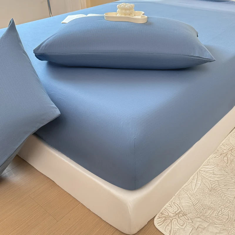 Sábana bajera de algodón lavada con funda de almohada, bandas elásticas, Funda de colchón ajustable antideslizante para cama doble King y Queen