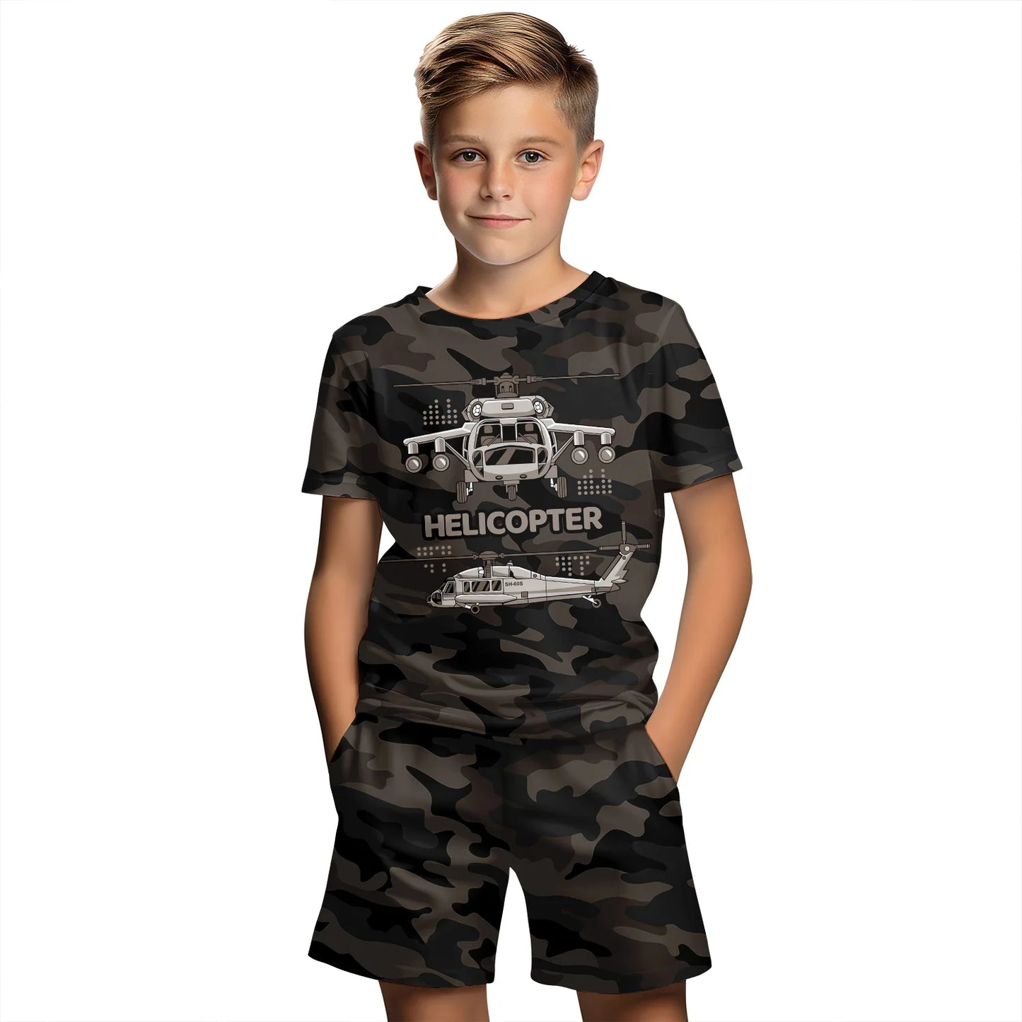Traje de ropa para niÃƒÂ±os con estampado de camuflaje 3D, conjunto de camiseta de manga corta de verano, pantalones cortos, ropa para niÃƒÂ±o y niÃƒÂ±a, conjuntos para niÃƒÂ±os