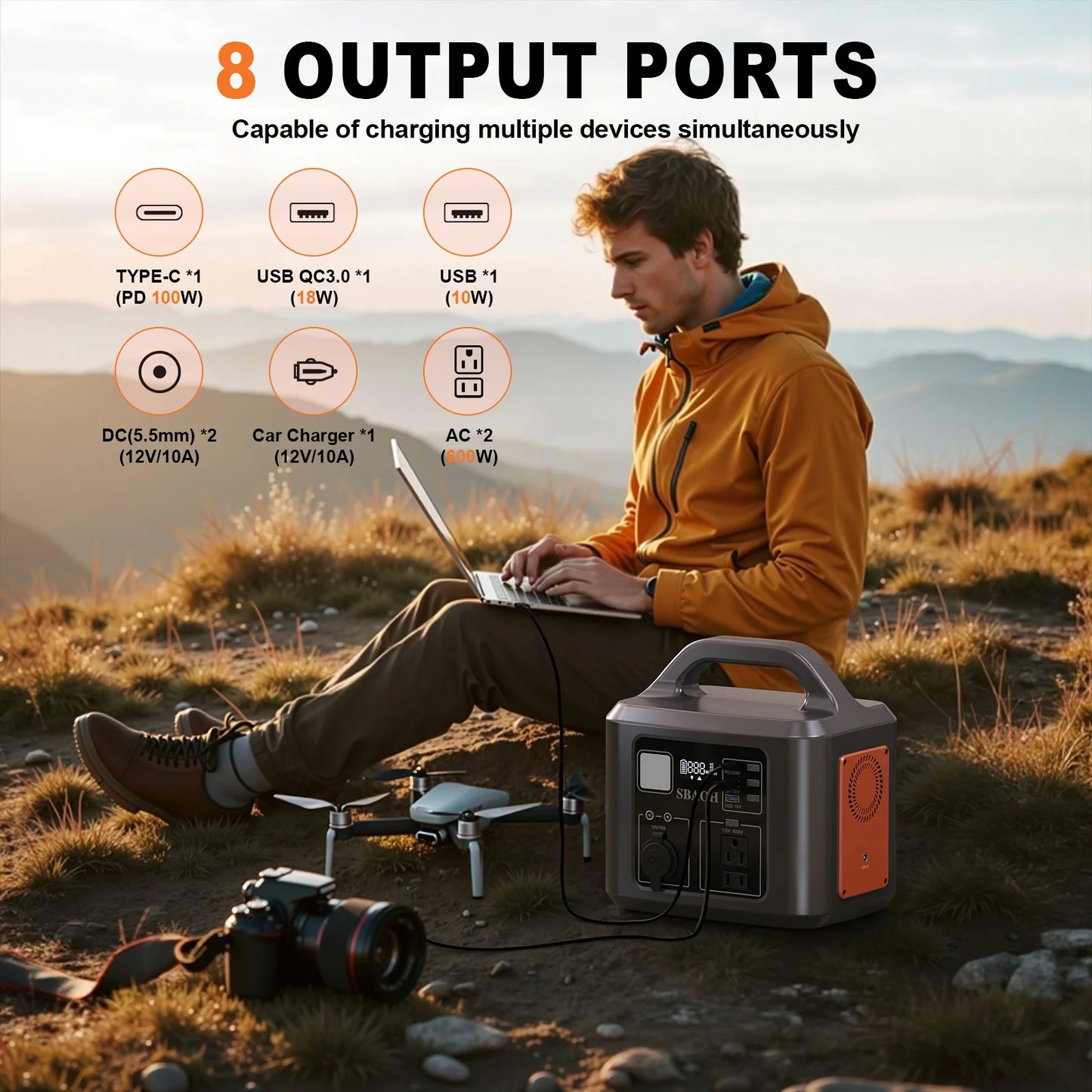 Estación de energía portátil para exteriores, 538,7Wh, 600W, con entrada de carga Solar, 100W PD USB-C, QC3.0, toma de corriente CA, Camping al aire libre