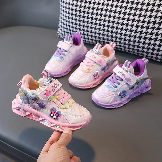 Zapatillas de deporte informales LED de Disney para niñas de primavera, zapatos de cuero Pu con estampado de princesa Elsa de Frozen, antideslizantes, iluminados, rosa y morado