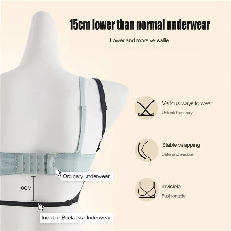Sujetador Invisible de realce con espalda descubierta para mujer, sujetadores sexys de corte bajo, ropa interior de boda con espalda abierta, lencería sin costuras 2024