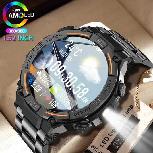 Reloj inteligente militar para hombre, dispositivo con pantalla HD de 360x360, linterna, control de la salud, resistente al agua, control del ritmo cardÃ­aco, llamadas BT, para Android e IOS