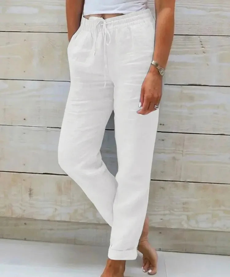 Pantalones de verano de lino y algodÃ³n para mujer, pantalones informales elÃ¡sticos de cintura alta, ropa de calle lisa para mujer, pantalones pitillo holgados 2024