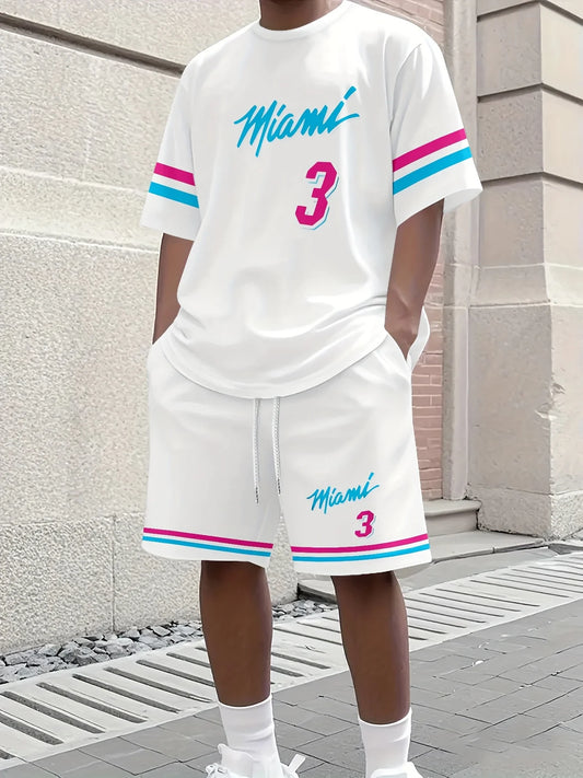 2025 Nuevo conjunto de jogging de camiseta de baloncesto para adultos deportiva informal con estampado de Miami NO.3 para hombre