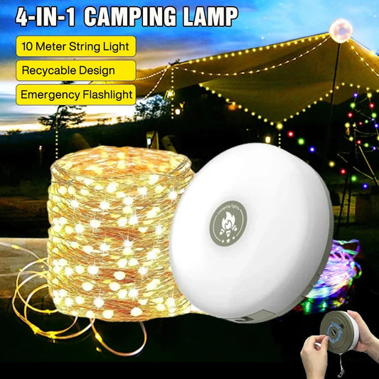 Luz de Camping 4 en 1, guirnalda de luces LED con carrete, lámpara de Camping USB para exteriores, luz LED nocturna reciclable para decoración de tienda de campaña y jardín