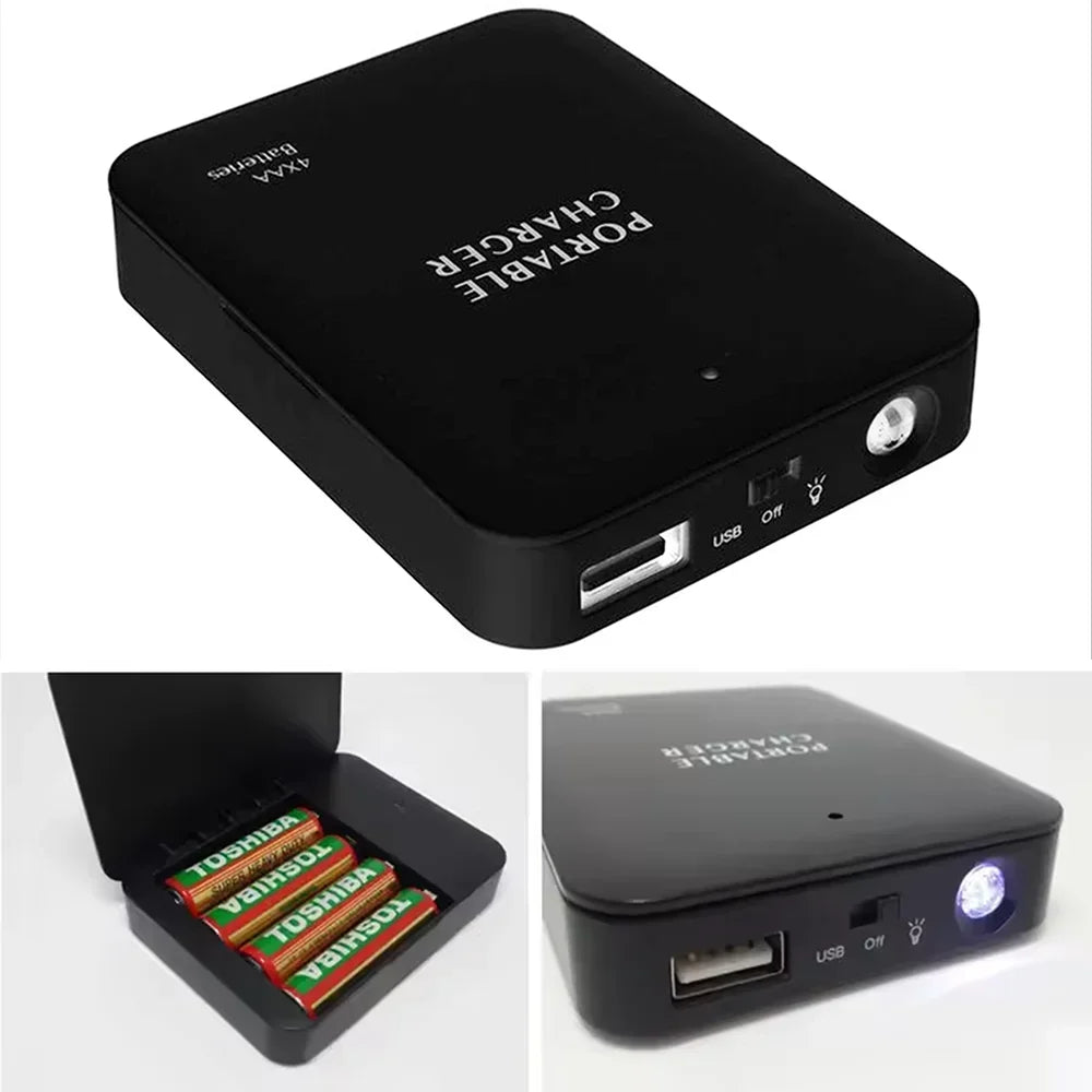 Cargador portátil 4 AA, Banco de energía de batería USB, luz LED, cargador de emergencia para acampar al aire libre para teléfono, montañismo, senderismo