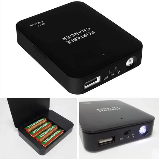 Cargador portátil 4 AA, Banco de energía de batería USB, luz LED, cargador de emergencia para acampar al aire libre para teléfono, montañismo, senderismo